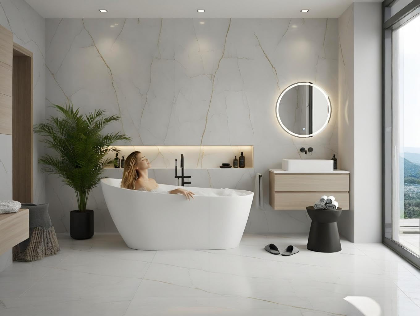 Freestanding Bathtub 67 inch Acrylic Oval Soaking Tub – All-White Design with Chrome Drain and Overflow Cover, Contemporary Stand Alone Bath for