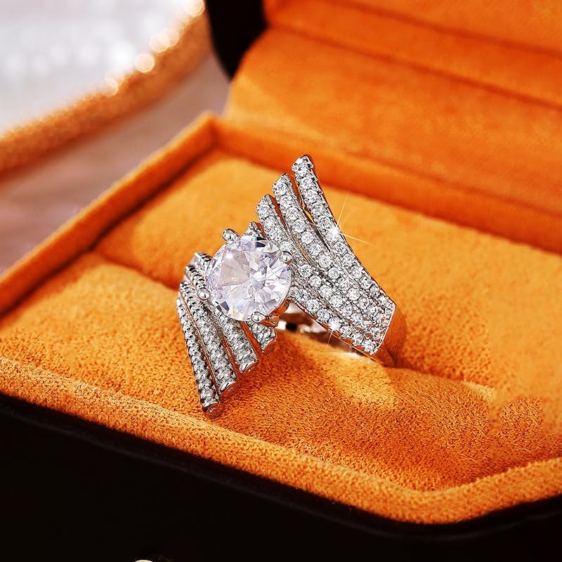 JerMrasra Angel Ring 925 Sterling Silver Rings Shiny Full Diamond Promise Rings Feather Ring Cubic Zirconia Cocktail Rings CZ Diamond Multi Row Ring Eternity Wedding Rings for Women Size 6-10（10）