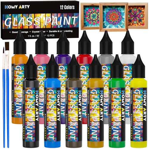 HOMY ARTY Pintura para Cristal 12 x 30 ml con 3 Pinceles, Pintura Vidrio Permanente Secado Al Aire, Pinturas Ventanas Sin Horno Transparente, Intura Ceramica para Vidrio, Cerámica, Bombillas, Ventanas