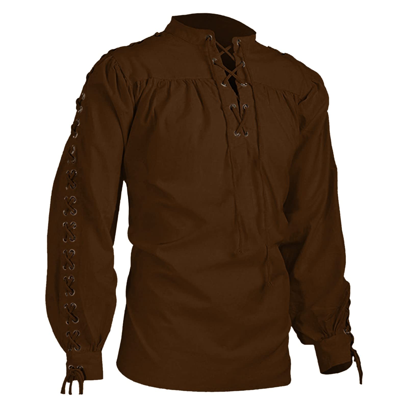 Men's Medieval Pirate Shirt - Retro Renaissance Gothic Steampunk Vibe, Long Sleeve Lace Up Closure, Victorian-Inspired Pullover Top Coffee
