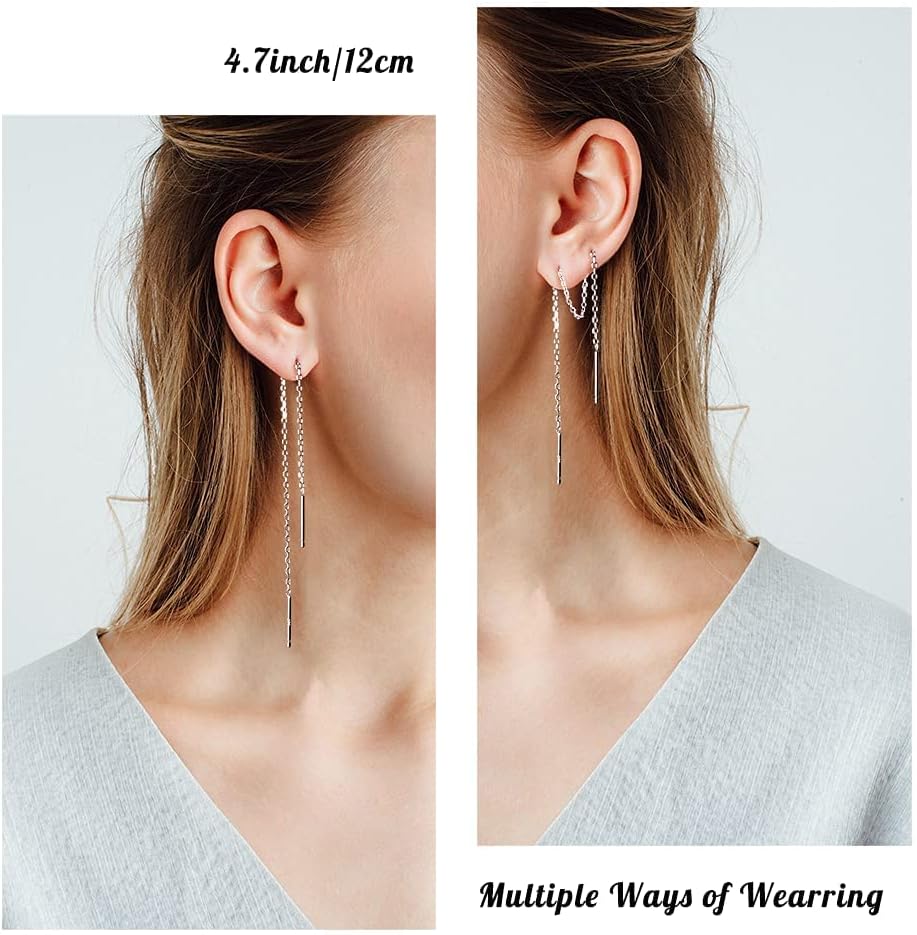 3 Pairs Threader Earrings 925 Sterling Silver Long Chain Earrings Bar/Ball Wrap Threader Drop Earrings for Women Lightweight Minimalist Mother's Day Jewelry Set - Image 4
