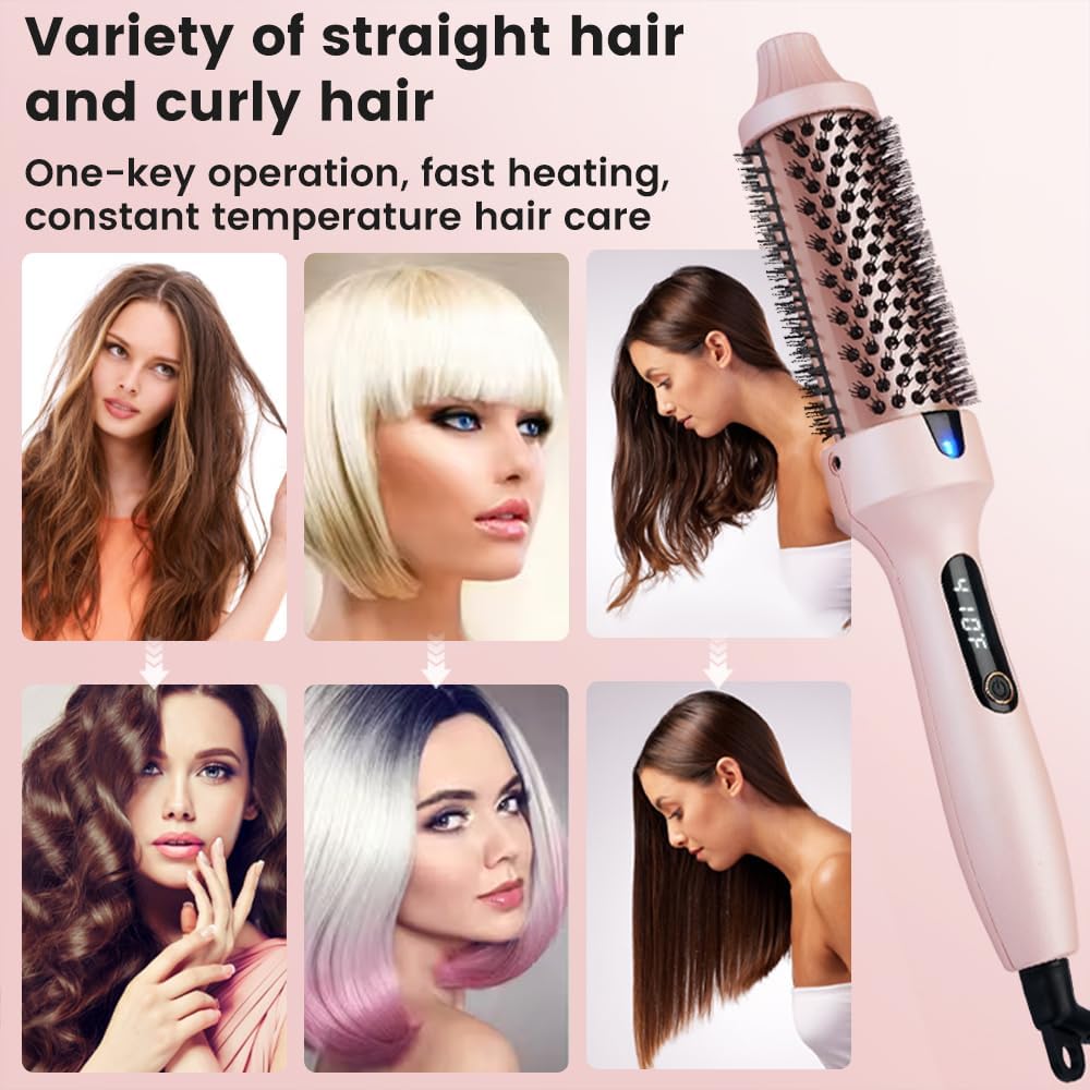 Thermal Brush for Blowout Look, Heated Round Brush with 2× Negative Ions Release for Less Frizzy, Dual Voltage Heated Curling Brush for Travel, Airflow Heat & Dual PTC Technology, Pink