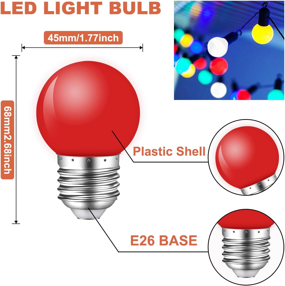 Colored LED Bulbs 1W,G45 E26 LED Color Bulb,Multicolor LED Bulb,Red Yellow Blue Green Orange,for Halloween Bedroom Holiday Party Decoration,10 Pack