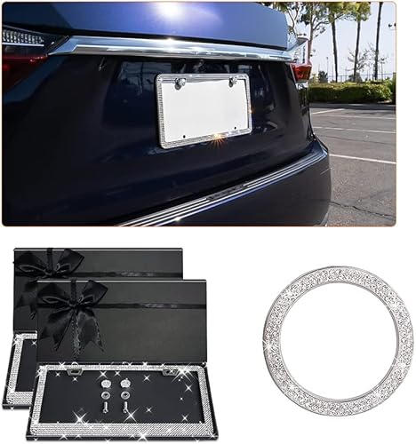 Marco de matrícula con diamantes de imitación brillantes, soporte para placa de matrícula con cristales deslumbrantes, acero inoxidable hecho a mano