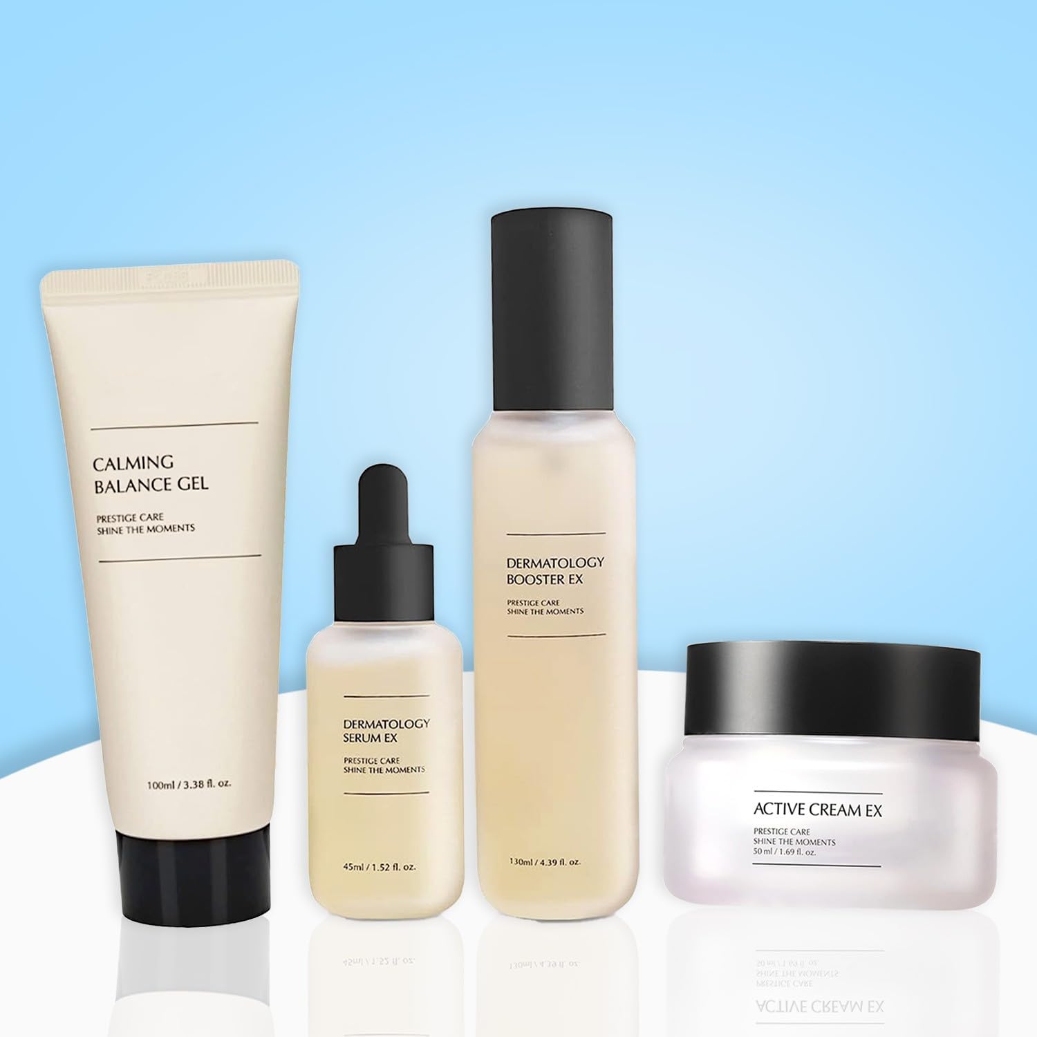 Daily Korean Skincare Set 4 Items: Calming Gel + Booster + Serum + Active Cream| E.X Line - Premium Skincare Kit, Moisturizing, Supporting Healthy-Looking Skin, For All Skin Types, Unisex