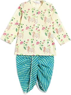 Campana Kurta Set For Boys, Dhoti Set For Kids, Pichwai Print, 100% Cotton, Off White & Green Kurta Dhoti Set For Boys, Fo... Price In India
