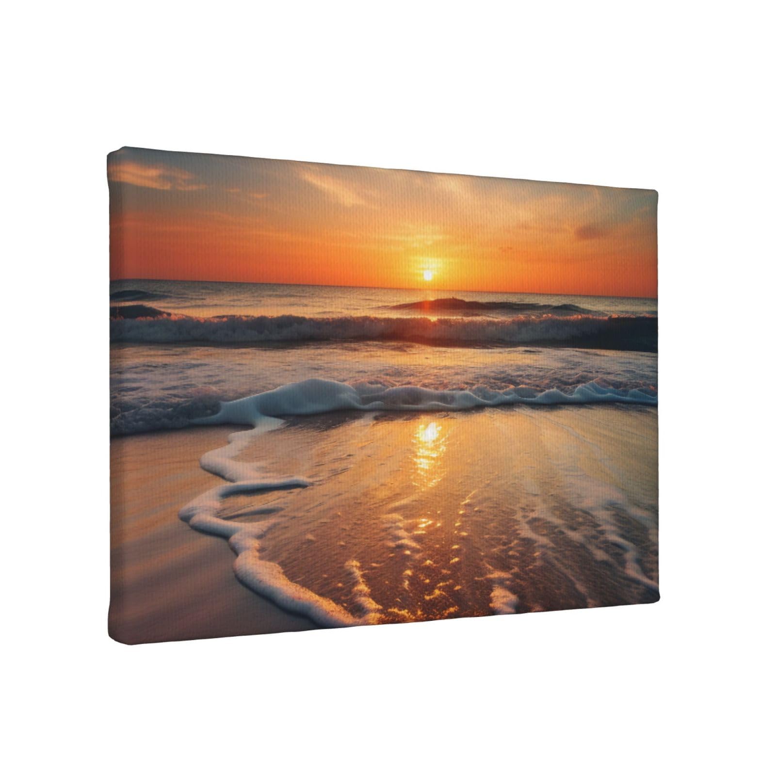 YKLJG Beach Sunset Printed Wall Art Canvas Painting 30x20 CM Wooden Framed Picture Painting Artwork Prints for Bedroom Kitchen Home Office Decor