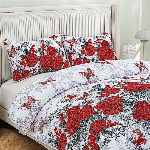 Yiran Red Rose Floral Quilt For All Season Flower Bedspread Set With 2 Pillowcases Lightweight Soft Microfiber Coverlet King 90"X103" #TOP4