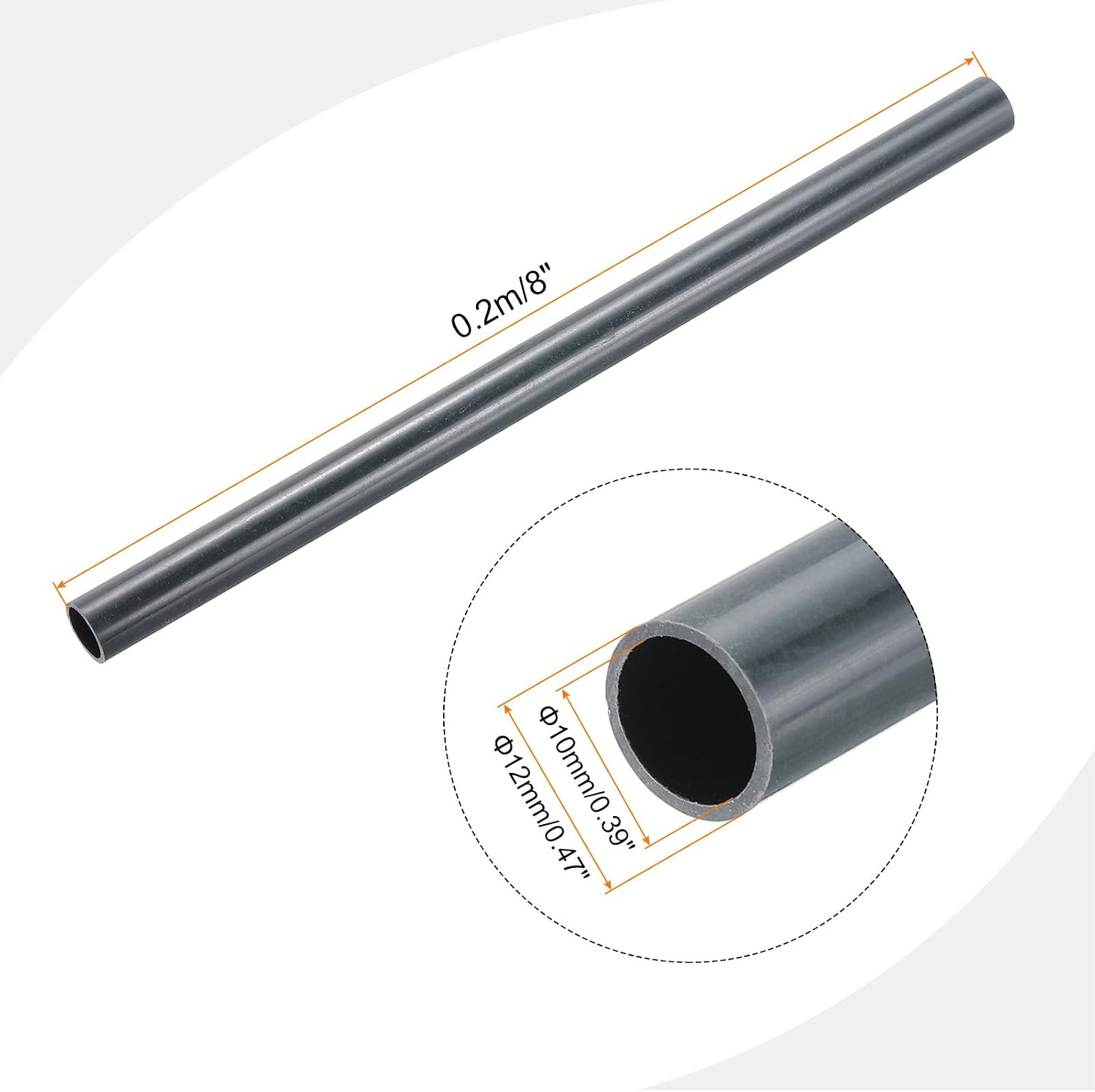 MECCANIXITY 1/2 Inch PVC Rigid Tube Round Pipe Tubing Hardware Tubing 10mm ID 12mm OD 8" Length Dark Grey High Impact for Water Pipe, Crafts