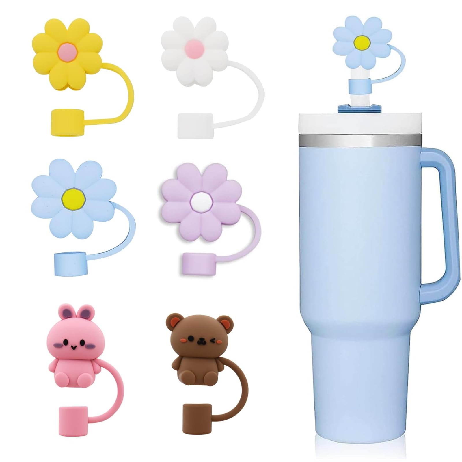 Flower Straw Covers, Suitable for Stanley Cups Drinking Straw, 4 Flower 2 Cartoon Cute Pattern Decor Reusable Dust-Proof for School Office Travel