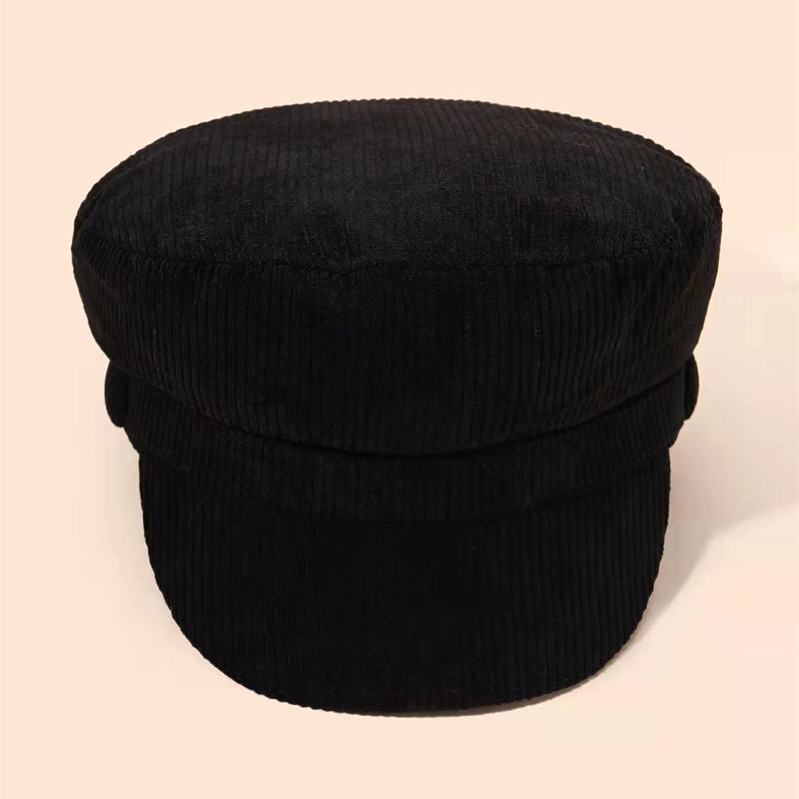 Gorro Beanie de Lana,Beanie Gorro de Invierno diseño,Gorra Plana de Pana con Visera, Boina Retro combinada, Negro, M (56-58cm)