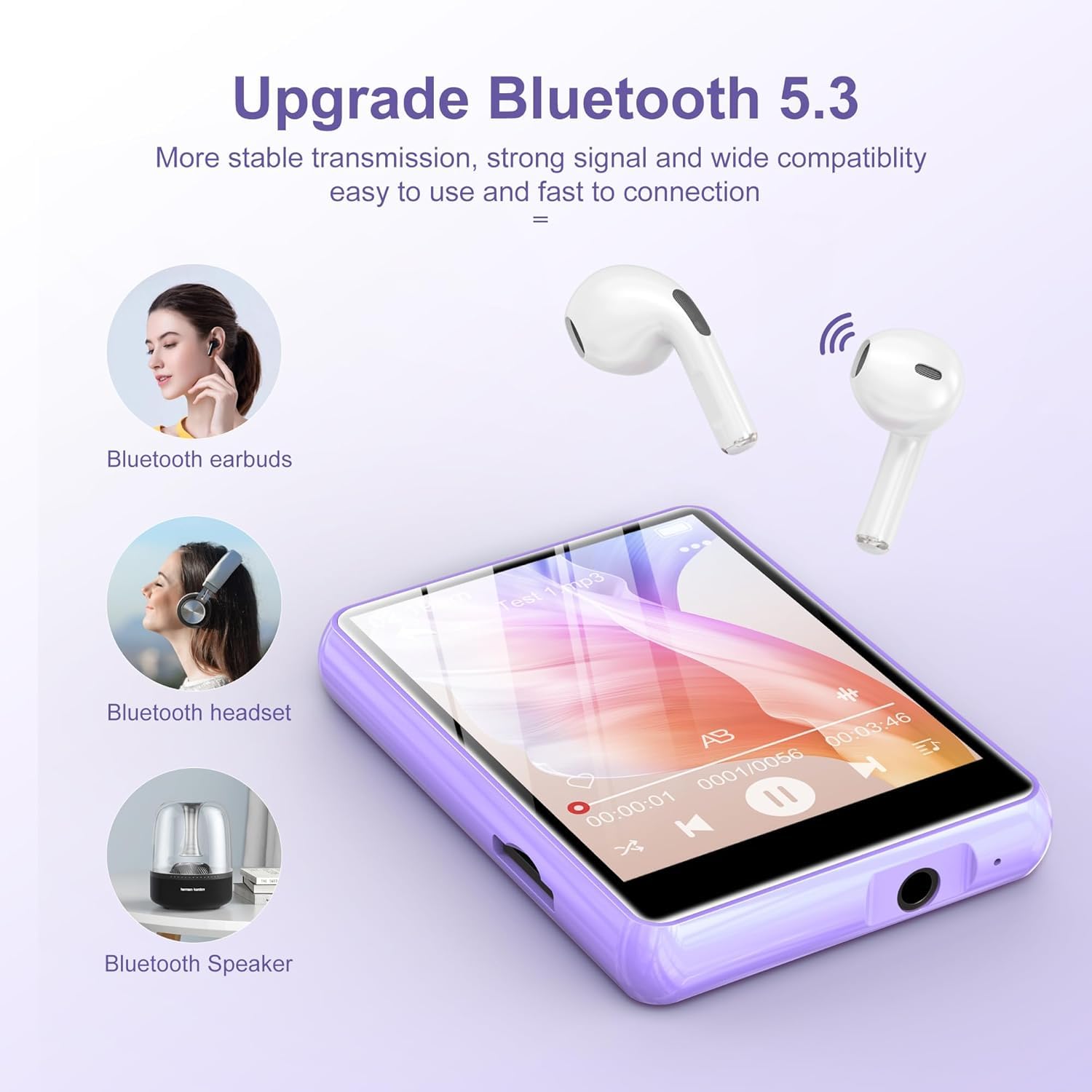 SWOFY Lettore MP3 Bluetooth 5.3, 64 GB HiFi MP3 con altoparlante, registratore radio FM, touchscreen da 2,4 pollici, mini lettore musicale per bambini, supporta fino a 128 GB TF card (viola)