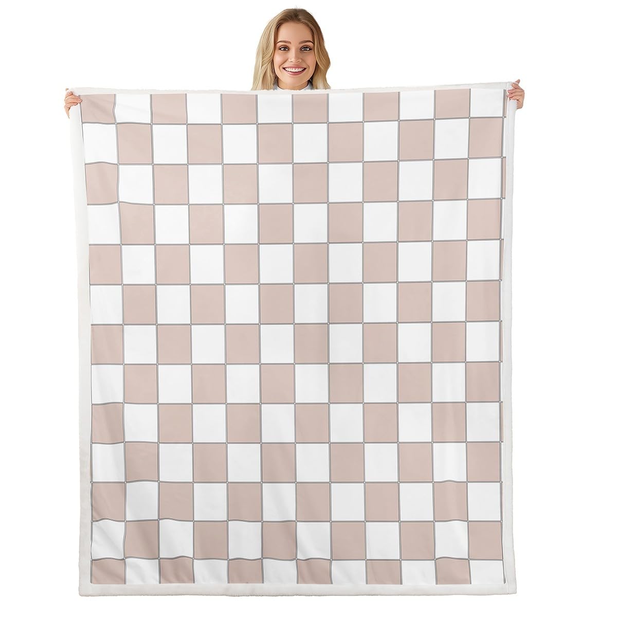 Erosebridal Light Pink Checkered Sherpa Blanket Twin 60"X80" White Cream Checkerboard Fleece Bed Blanket,Buffalo Plaid Grid Throw Blanket for Kids Girls Teen Aesthetic Geometric Gingham Fuzzy Blanket