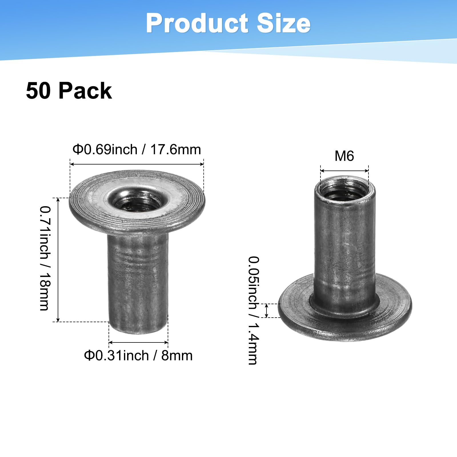 M METERXITY 50-Pack M6x18mm T-Nuts Zinc Plated Carbon Steel Tee Nut Round Base Weld Nuts Through Hole Furniture Hardware Flange Insert Female Thread Gray - Image 3