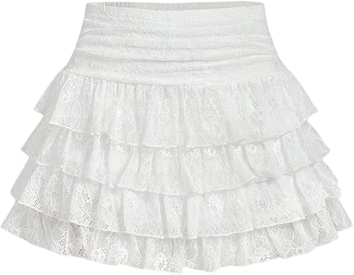 MakeMeChic Women's Floral Lace Low Waist Mini Skirt Ruched Tiered Ruffle Fairy C