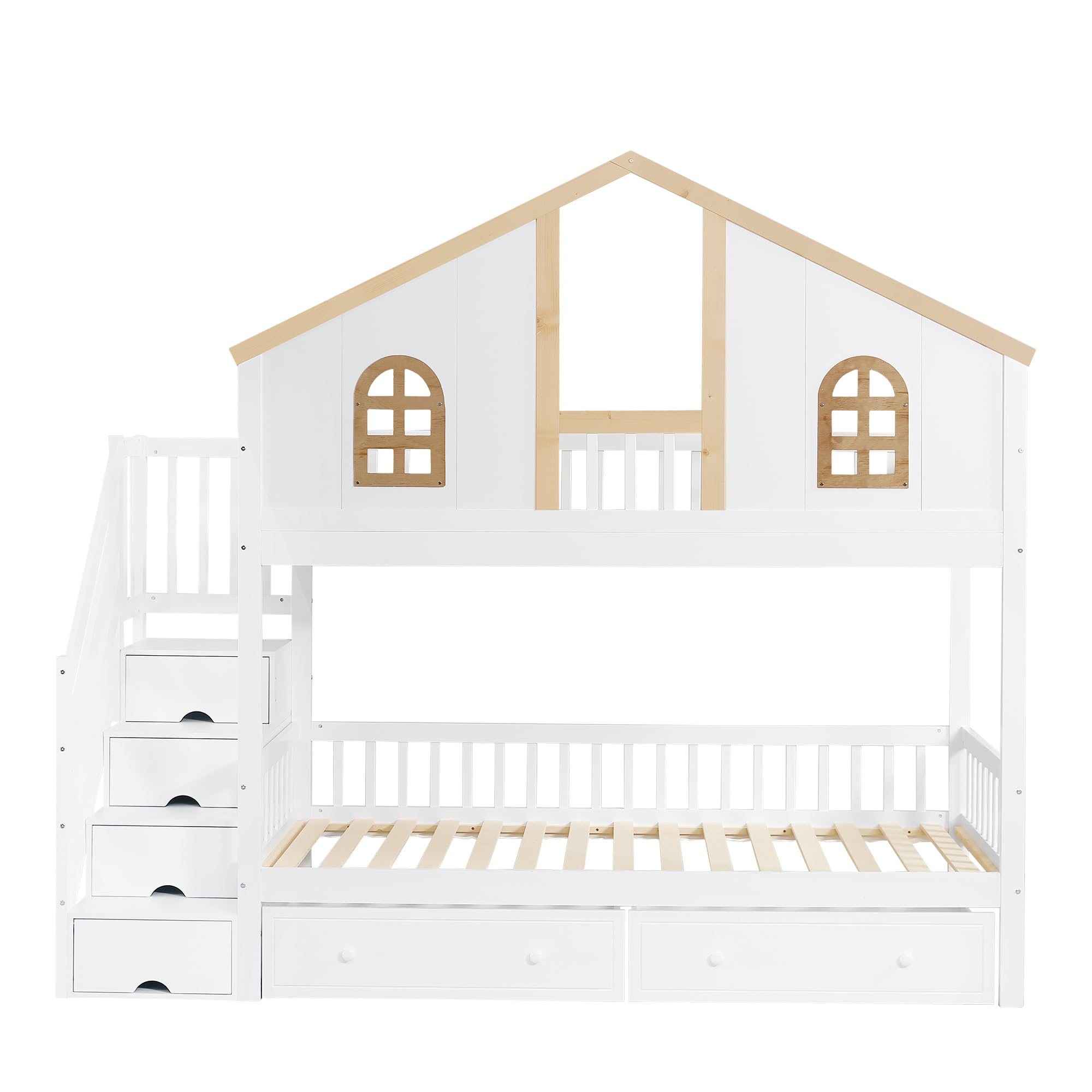 Wiuzo Lettino a castello, con rete anticaduta a contrasto con finestra, due cassetti con ruote, con scala inclinata a quattro livelli e cassetti, in pino+MDF, bianco e naturale, 90 x 200 cm