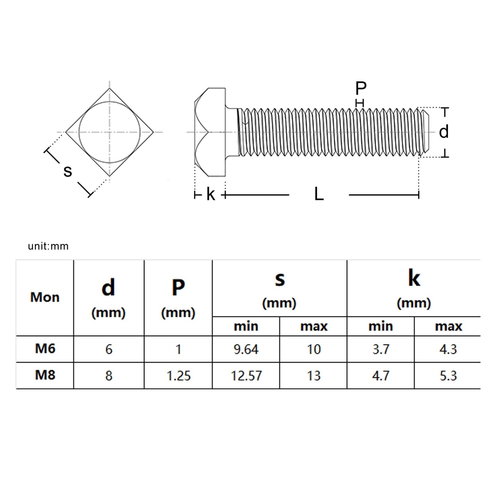 2 pz M6/M8 Lunghezza = 8-80mm GB35 304 A2-70 Piatto in Acciaio Inox Quadrato Quadrato Quadrato Tipo di Testa Vite di Macchina Bullone(60mm,2pcs M8)