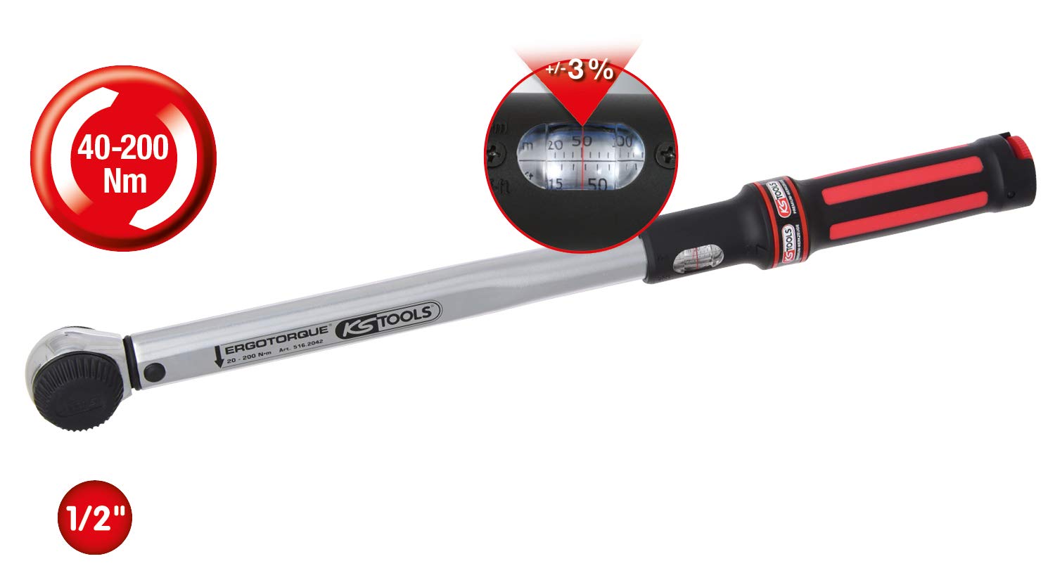 KS Tools 516.2042 Clé Dynamométrique ERGOTORQUEbasic 1/2" 40-200 Nm - Précision Et Confort