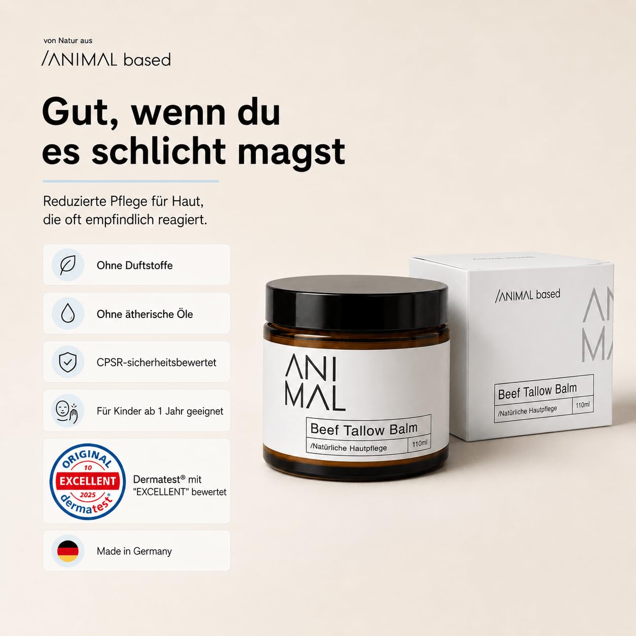 Animal Based Beef Tallow Balm 110ml - Rindertalg Gesichtscreme - Natürliche Hautpflege mit Rinderfett, Olivenöl, Bienenwachs & Vitamin E - Beef Tallow Creme - Beef Tallow Skincare - halal