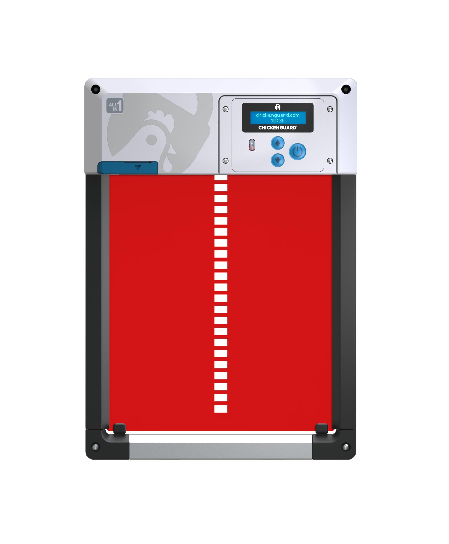 Hühnerklappe Automatisch ChickenGuard All-in-One, Hühnerstalltürfarben in Vier Farben, Timer/Lichtsensor, Auto-Stop, Raubtiersicher, Wintermodus-Power-Boost, Batterien Enthalten (Rot + Batterien)