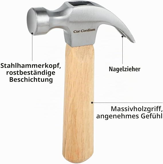 Klauenhammer mit Holzgriff und Stahlkopf 227 g kleiner Hammer für Haus und Heimwerker