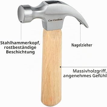 Klauenhammer mit Holzgriff und Stahlkopf 227 g kleiner Hammer für Haus und Heimwerker