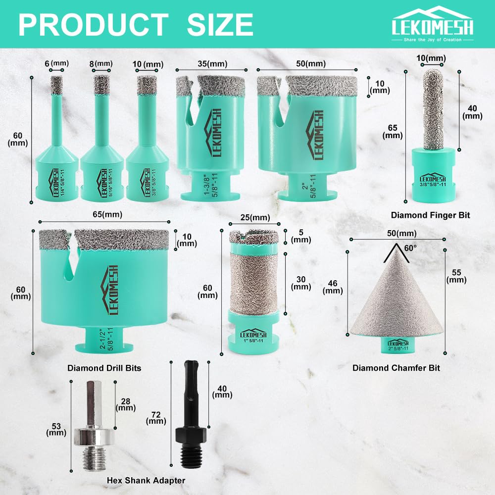 Tile Hole Saw Kit - (6/8/10/35/50/65mm+10mm Finger Bit+25mm Drilling Milling Bit+50mm Chamfer Bit+SDS/HEX Adapter) Diamond Drill Bits for Porcelain Ceramic Marble Brick,5/8"-11 Thread