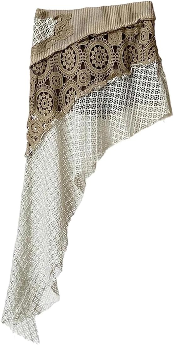 Women's Embroidery High Elastic Waist Midi Skirt Irregular Splicing Hollow-Out A-Line Layered Skirts