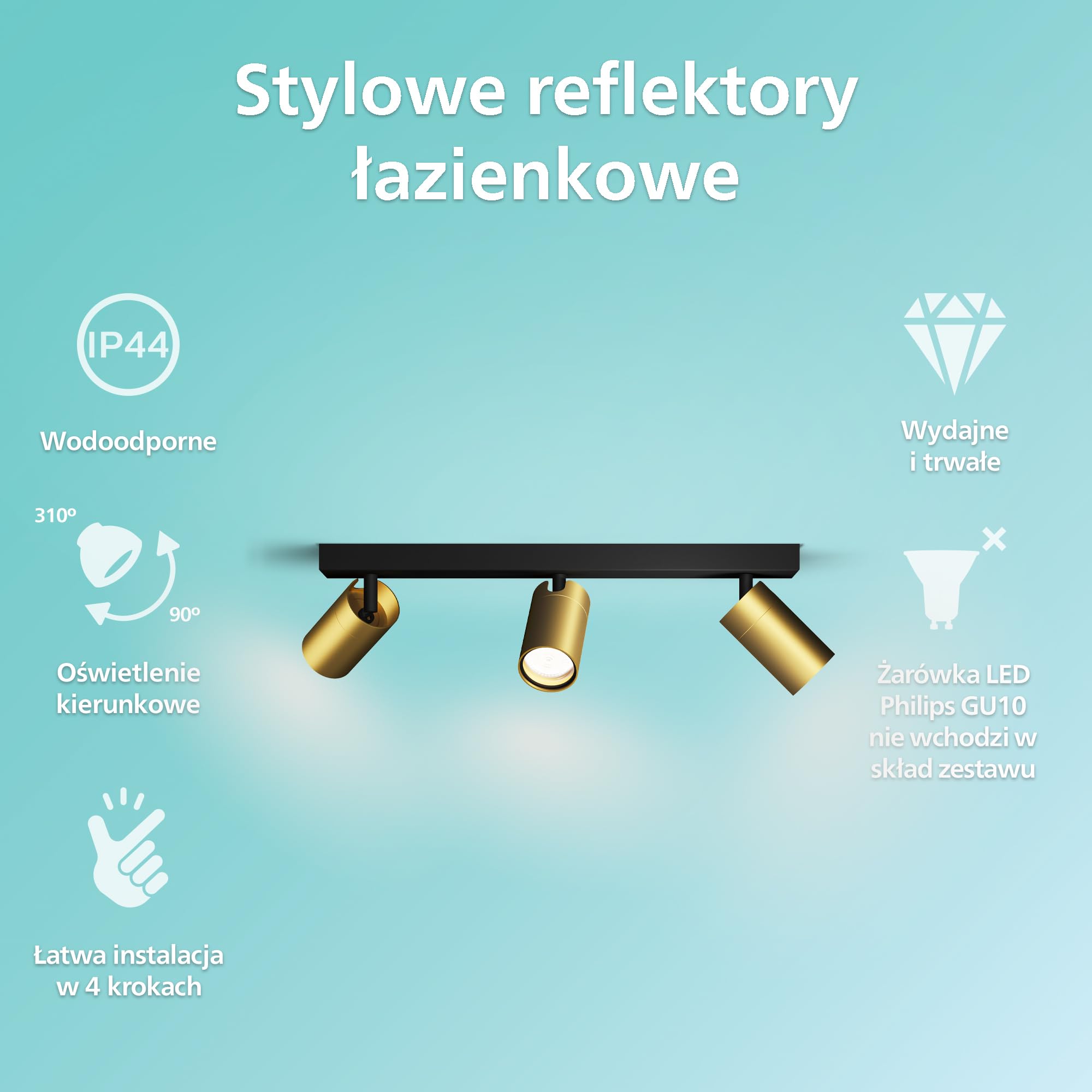 Philips Idris 3-głowicowa, lampa GU10 nie wchodzi w zakres dostawy, mosiądz, IP44, wodoodporna