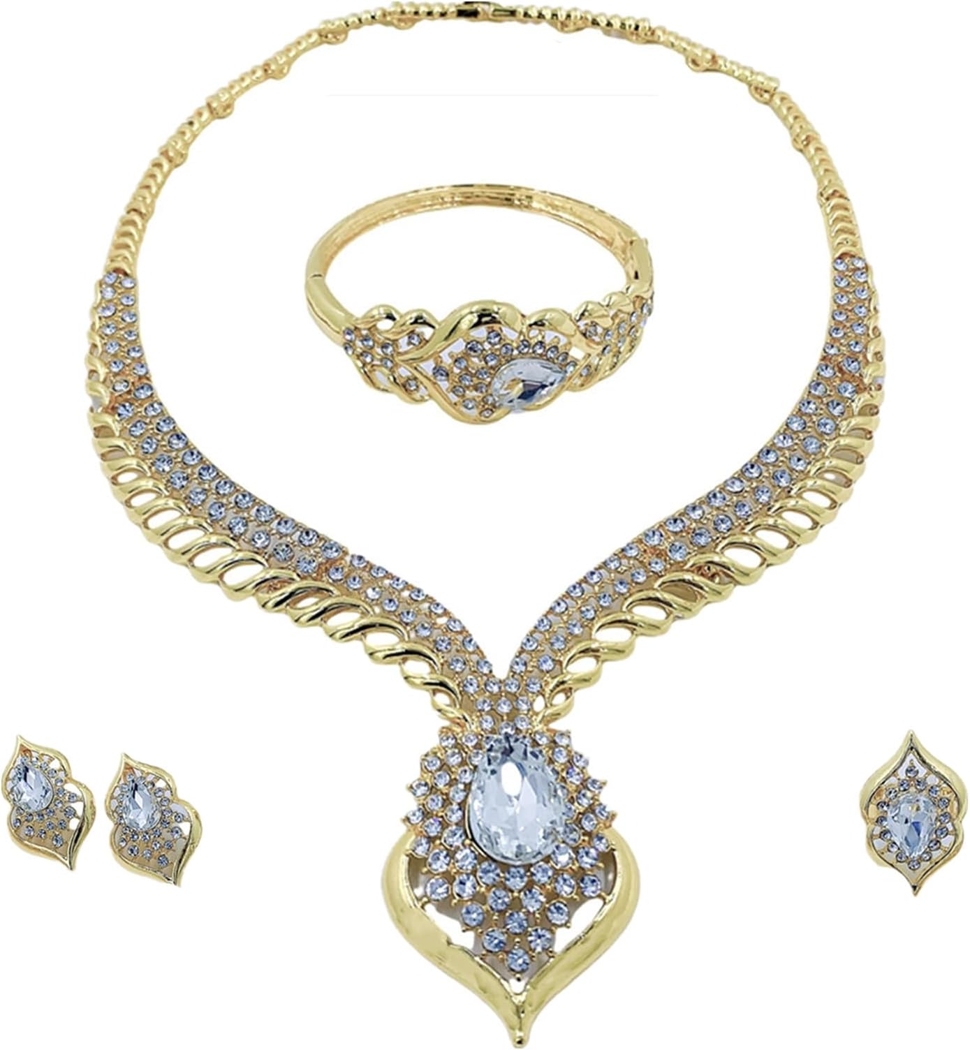 Gold Jewelry Sets for Women,Dubai Statement Necklaces Gold Bracelets Open Hoop Earrings Ring Fashion Crystal Wedding Costume Jewelry Accessories Set Graduation Birthday Wedding Prom,Trending Wedding Jewelry or Mother's Day Gifts