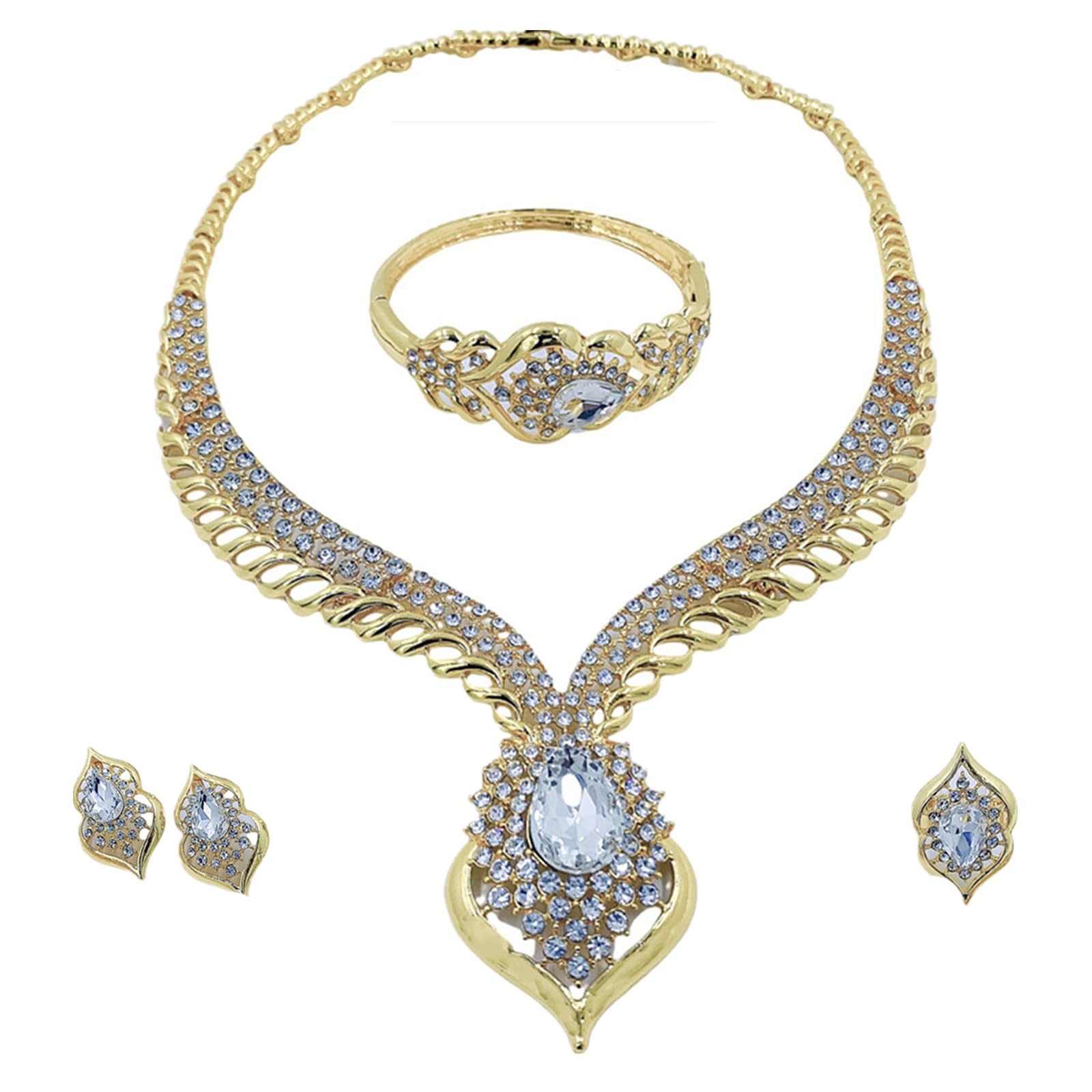 LifflyLadysGold Jewelry Sets for Women,Dubai Statement Necklaces Gold Bracelets Open Hoop Earrings Ring Fashion Crystal Wedding Costume Jewelry Accessories Set Graduation Birthday Wedding Prom