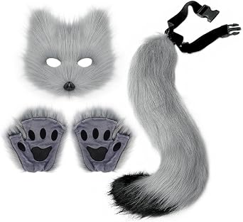 Furry Fox Cat Mask Wolf Tail and Fingerless Faux Fur Paw Gloves Set for Women Halloween Costume Accessories