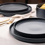 Richmount Star Dinnerware Sets, Plates and Bowls Set for 4, 12 Piece Dish Set, Ribbed, Matte Dark Charcoal
