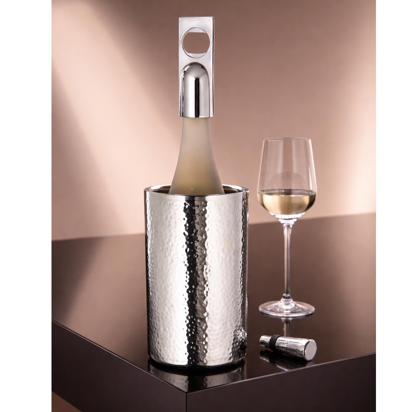 Fink Flaschenkühler Edelstahl 19 cm - doppelwandiger Weinkühler für 1 Flasche - gehämmerter Champagnerkühler silber - stilvoller Getränkekühler für Wein und Sekt