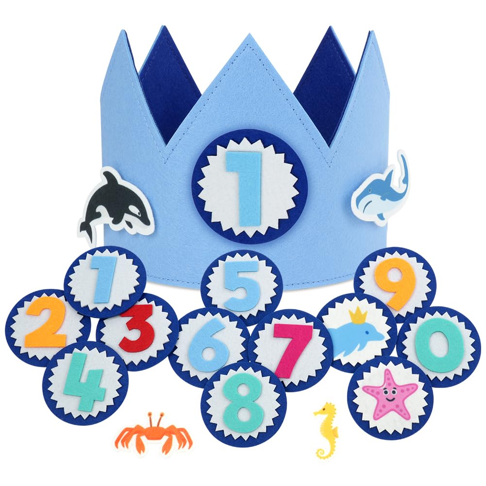 URAQT Birthday Crown for Kids, Reusable Party Hat Crown with Interchangeable Number from 0 to 9 and Ocean Felt, Felt Happy Birthday Hat, Tiara Headbands Gifts for Boys Girls, Blue — image 1