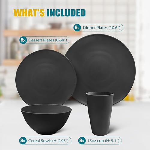 Miniatura 2 de Peurif Juego de vajilla de paja de trigo de 32 piezas de plástico irregular y grueso, juego de platos y cuencos de cocina duraderos para 8, platos