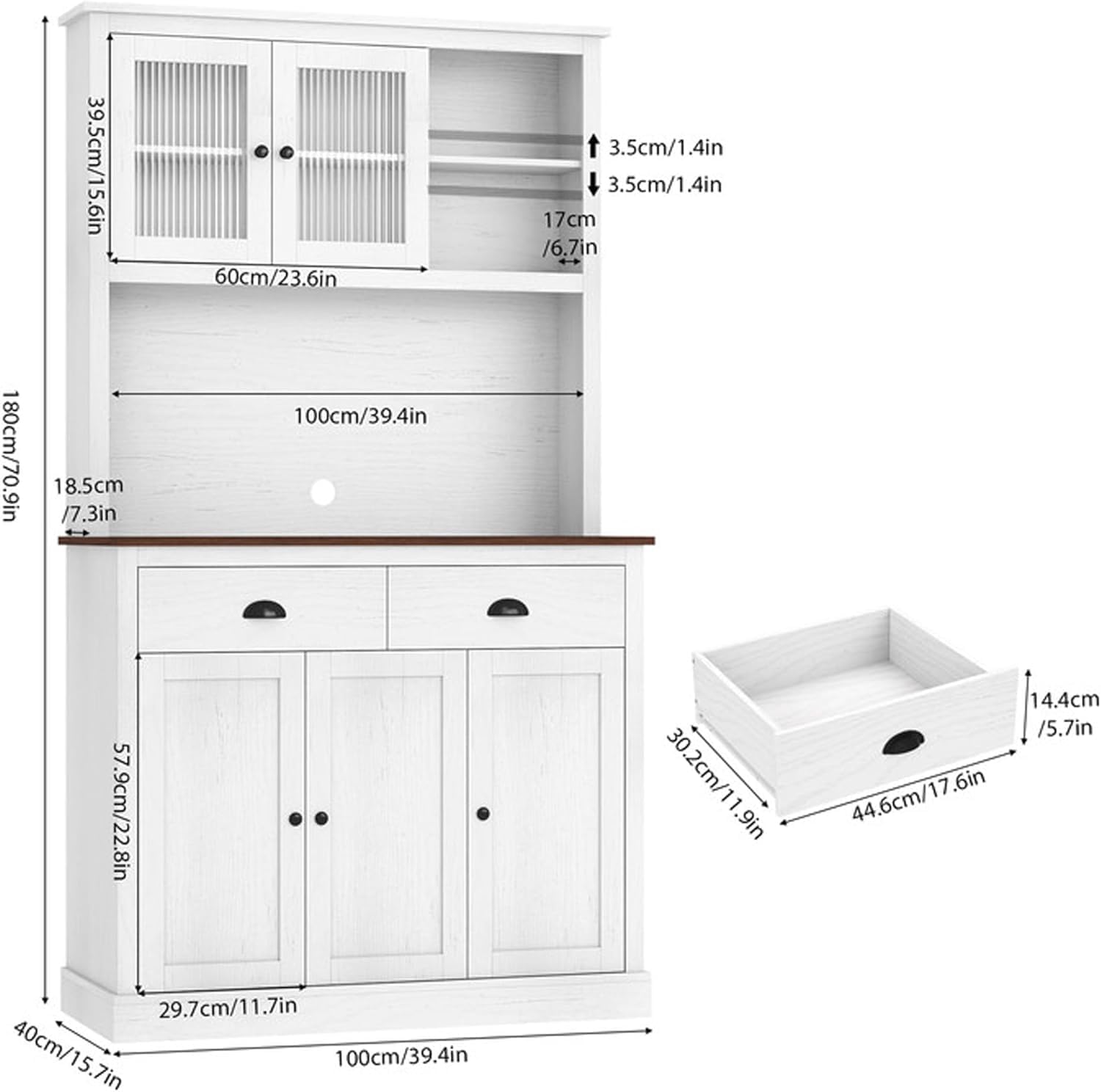 Garvee Dispensa da cucina con cassetti e ripiani regolabili, altezza 180,3 cm, mobiletto autoportante per bar, cucina, sala da pranzo, bianco