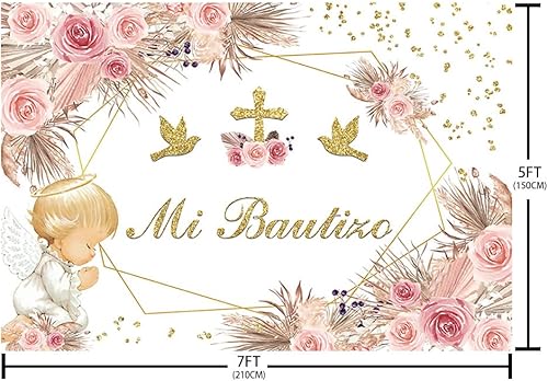 Vista 5 de SENDY Telón de fondo bohemio de 7 x 5 pies Mi Bautizo Bautizo Bautizo Dios bendiga la primera comunión decoraciones para niña, ángel rosa, floral