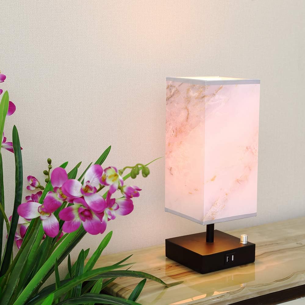 Dual USB Table Desk Lamp, Bedside Nightstand Lamp, Fabric Unique Lampshde,Convenient Pull Chain for Bedroom Living Room(Pack of 2) TY-802