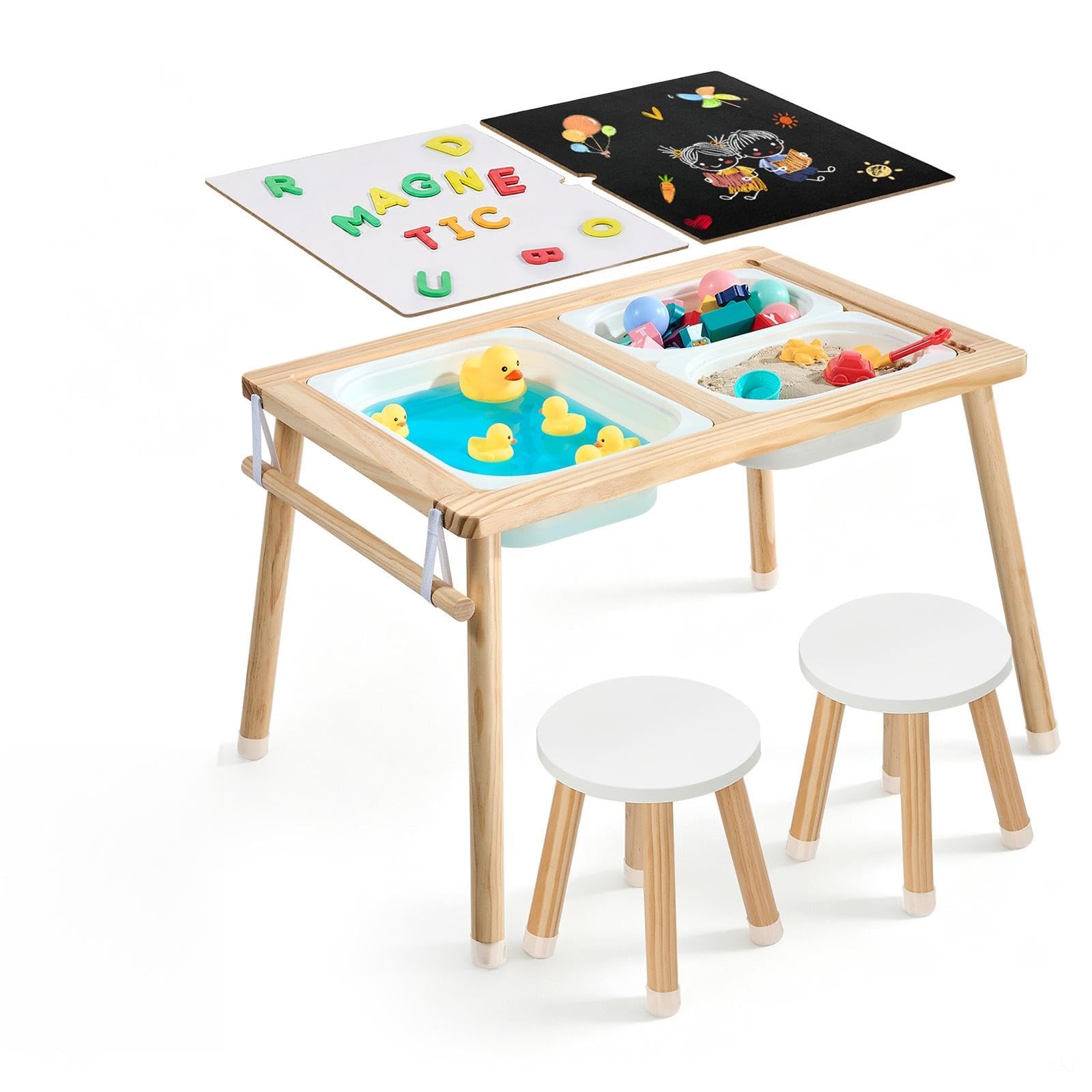 VEVOR Sensory Table for Toddlers, Wooden Kids Activity Table with 2 Stools, Double-Sided Board, Storage Bins, and Non-Slip Feet, for Boys and Girls Playing Sand and Water, Drawing, Studying, Dining