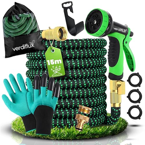 Manguera Jardin 15m, Manguera Extensible Premium, 10 Modos de Pulverización, Conectores 3/4' y 1/2', Manguera Enrollable de Alta Resistencia Tela Dacron 2500D, 2 Guantes Incluidos Verdiflux