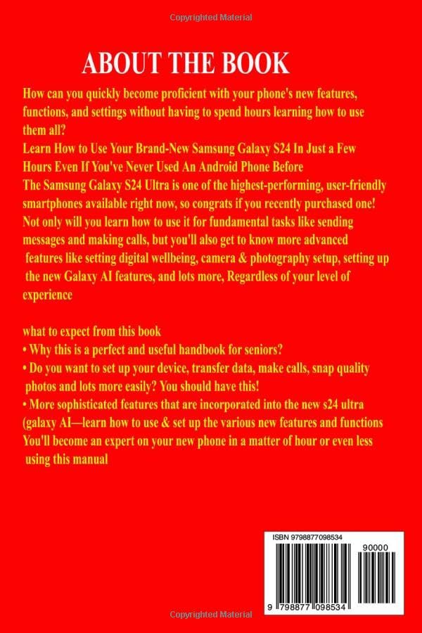 Back cover of the SAMSUNG GALAXY S24 ULTRA USER GUIDE book with ISBN.