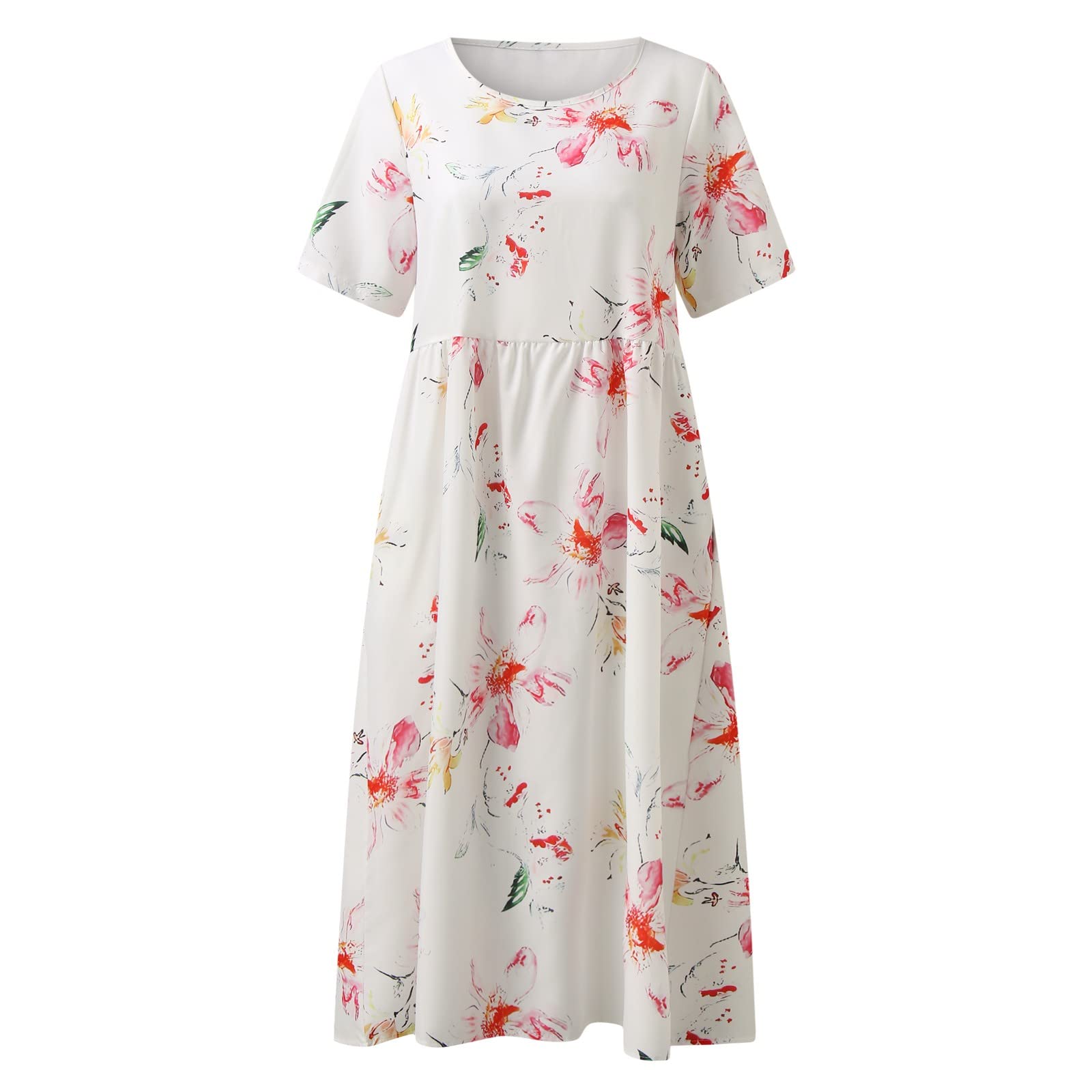 DeaAmyGline Sommerkleid Damen Lang Strandkleid Sommer Boho Kleid Elegant Rundhals Maxikleid Kurzarm Blumen Drucken Tunika Swing Lange Kleider Blusenkleid Partykleid Freizeitkleid