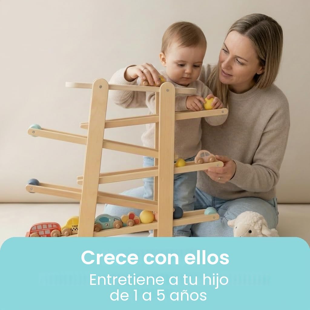 Oh My Baby Pista de Carreras, Rampa para Coches y Bolas de Madera, Pistas para Canicas, Juguete 1-3 años