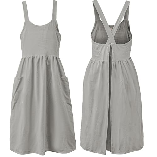 Uaussi Cotton Linen Apron Cross Back Work Apron for Women with Pockets Pinafore Dress X Cross Halter Apron for Chef Gardening - Light Grey