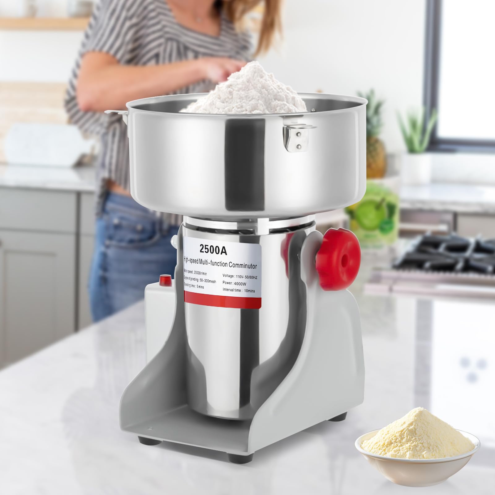 3600W Electric Grain Grinder Mill, Commercial Dry Cereals Grinder, Electric Pulverizer Grinding Machine for Rice, Corn, Grain, Coffee, Wheat, Feed, Flour (2500g)