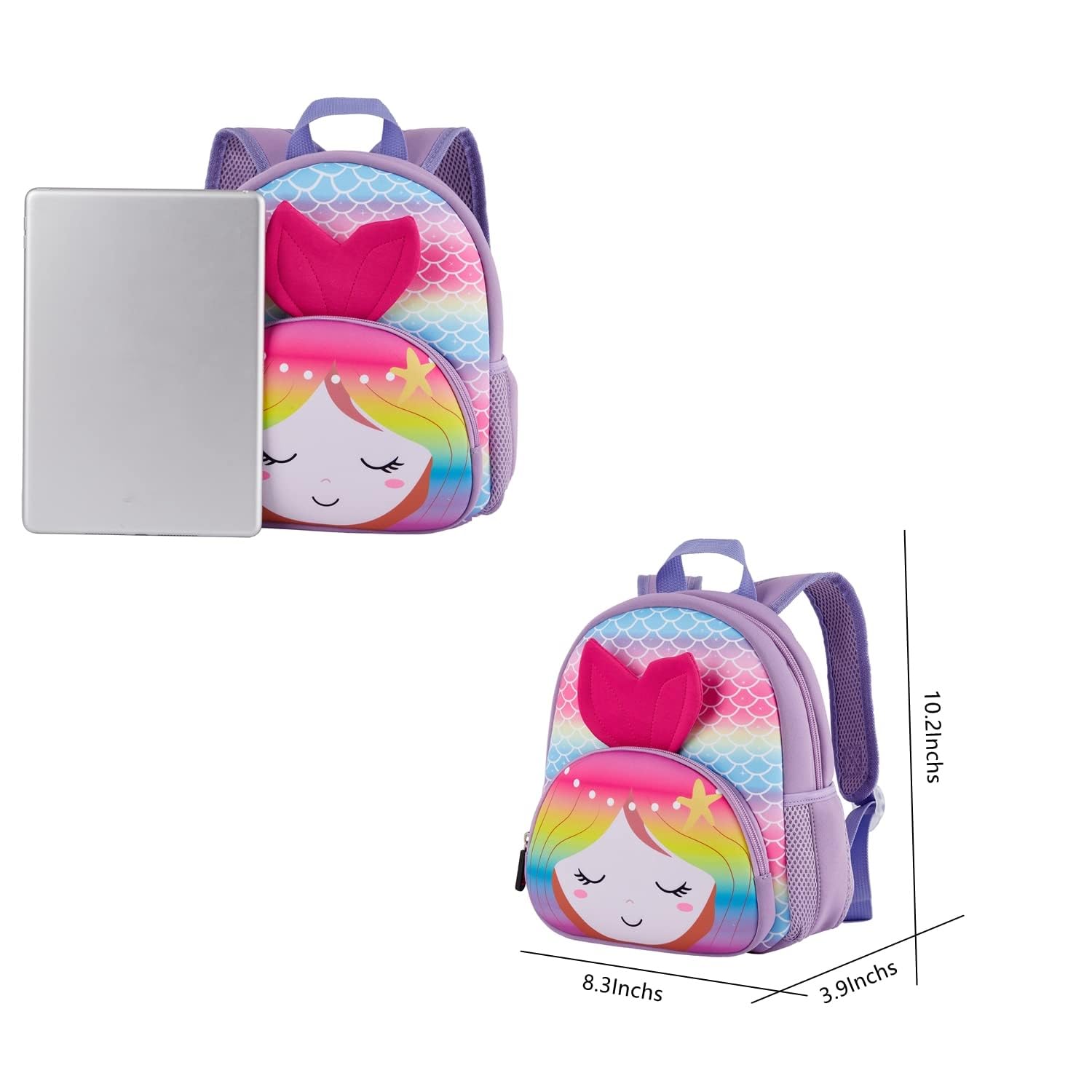 KK CRAFTS Mochila preescolar de neopreno para niños y niñas, Sirena colorida., Pre-k-10.2"H (Can't Fit Folder), Mochilas Daypack
