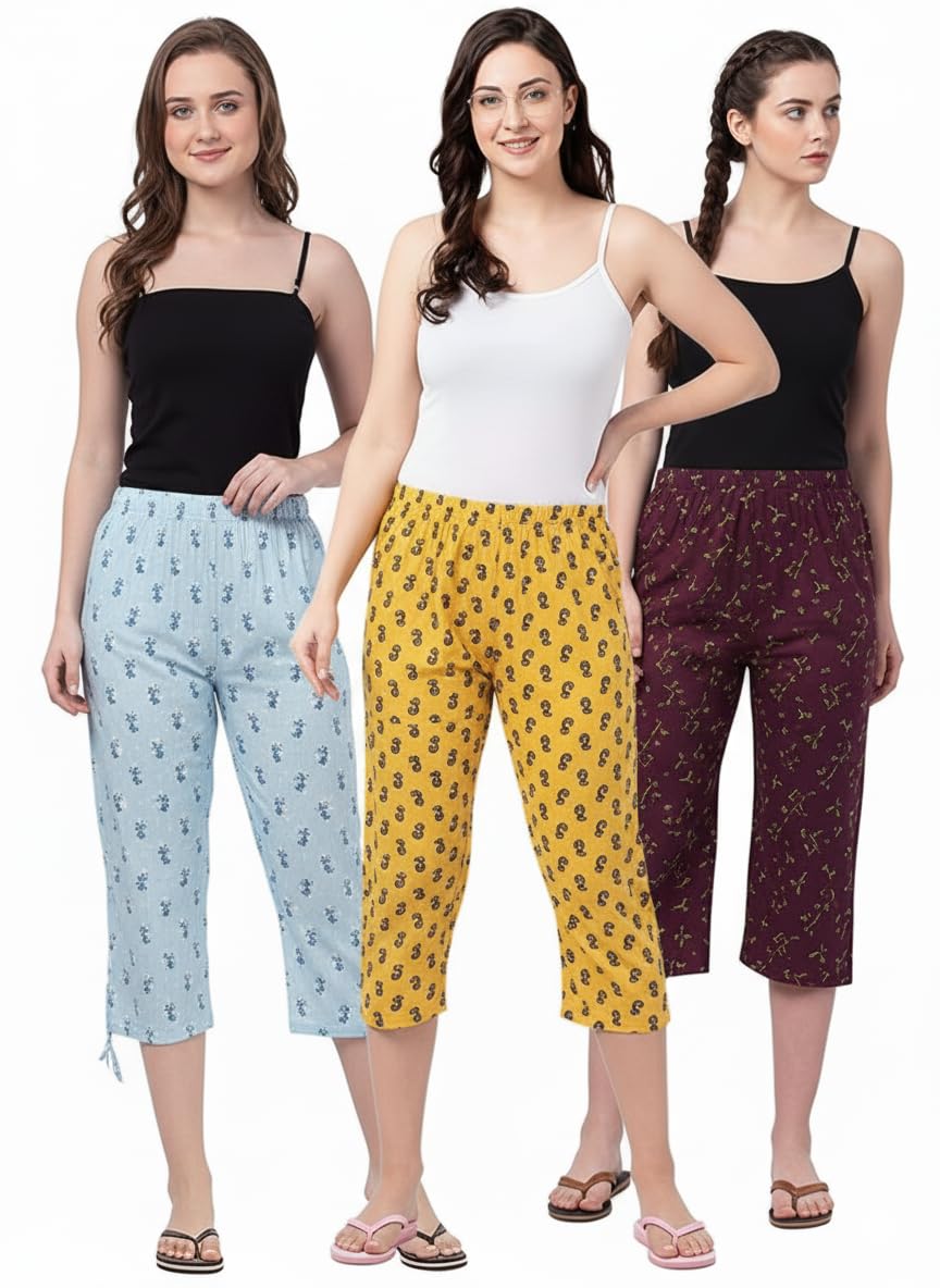 Womens Pure Cotton Solid Capri Pants Pack of 3, Soft & Comfortable, Stylish Design, Ideal for Casual Nightwear Printed 3/4 Pyjama Prints Asorted Colors Multicolor Womens Pure Cotton Solid Capri Pants Pack of 3, Soft & Comfortable, Stylish Design, Ideal for Casual Nightwear Printed 3/4 Pyjama Prints Asorted Colors Multicolor