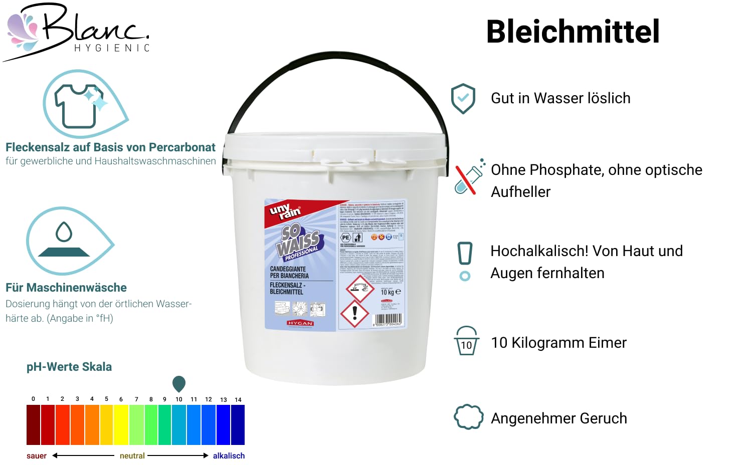 Profi Fleckensalz Bleichmittel 10 kg Eimer, Gewerbe & Haushalt | Entkeimend, phosphatfrei & ergiebig, verstärkt Bleich- und Fleckenwirkung bei Weißwäsche, 10 kg Eimer
