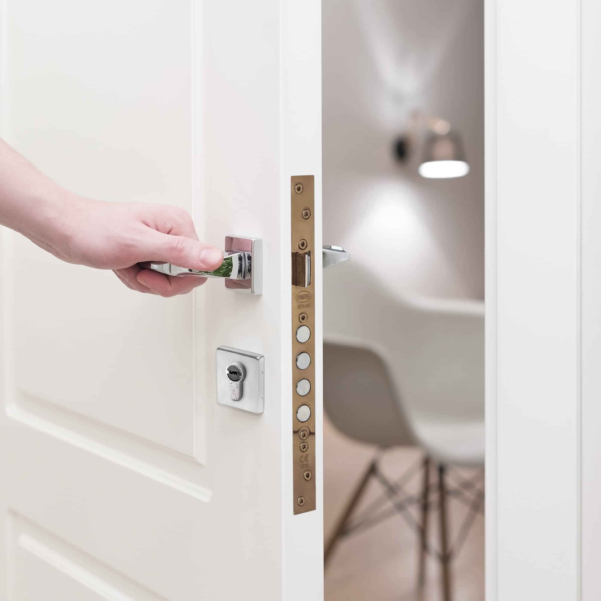 Amig - Cerradura de Embutir Con Bulones para Puertas de Madera Mod. 100-50/85 mm - Con Cilindro y Escudo de Seguridad - Picaporte Reversible - Acero Efecto Cuero
